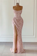 Dusty Pink Sleeveless Mermaid Prom Dress Long Split With Sequins BMBRIDE