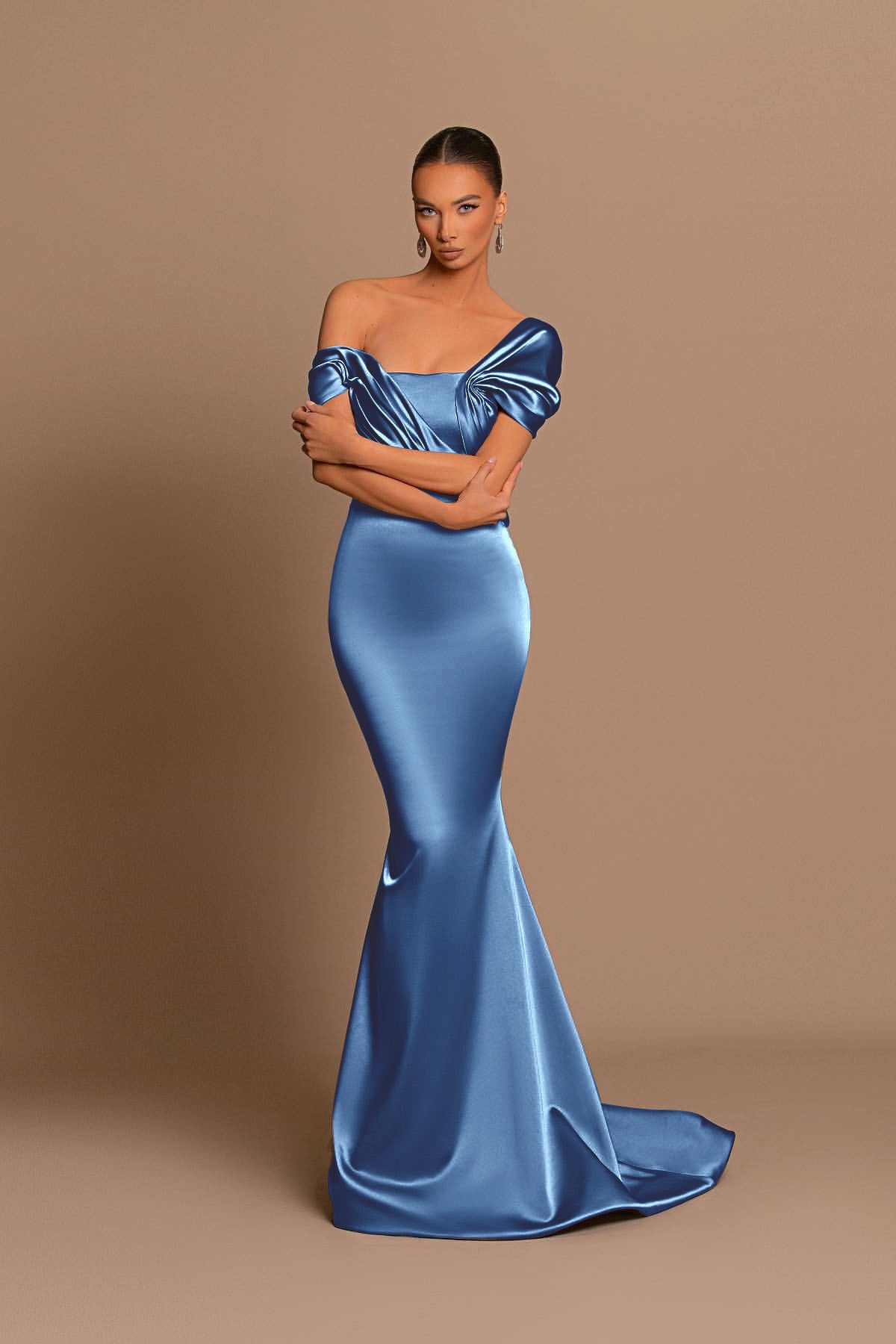 Glamorous Gray Off the Shoulder Mermaid Prom Dress With Pleated BMBRIDE