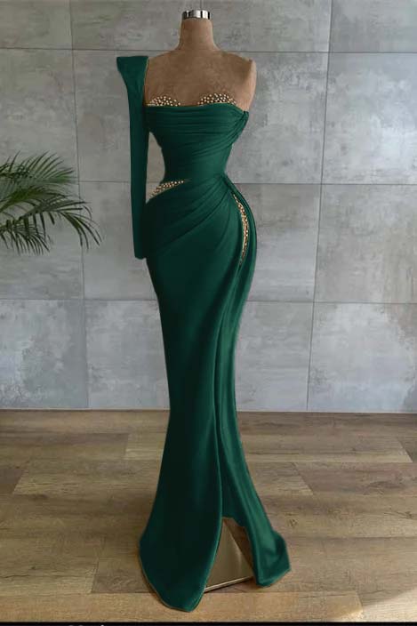 One Shoulder Long Sleeve Long High Split Prom Dress With Beading BMBRIDE