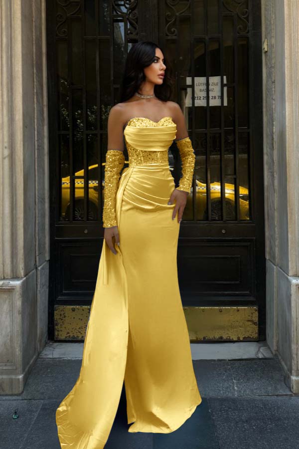 Sweetheart Strapless Sleeveless Long Mermaid Prom Dress With Pleated BMBRIDE