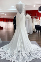 V-Neck Long Satin Mermaid Wedding Dress with Open Back and Lace Appliques BM bride