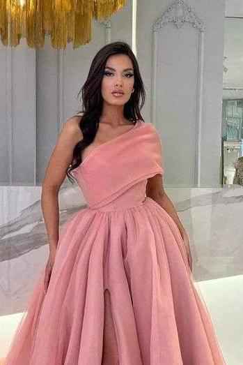 Chic Pink One Shoulder Sleeveless Long A Line Prom Dress With Front Split