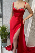 Red Charmeuse Spaghetti-Strap Gown with Beaded High Slit BM bride