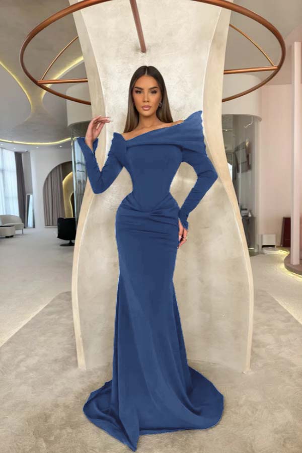 Off the Shoulder Long Sleeves Long Mermaid Prom Dress With Pleated BMBRIDE