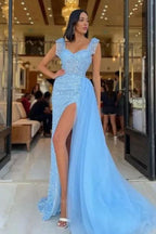 Vintage Sky Blue Sweetheart Straps Sequins Slit Mermaid Evening Dress Tulle with Detachable Ruffles BM bride
