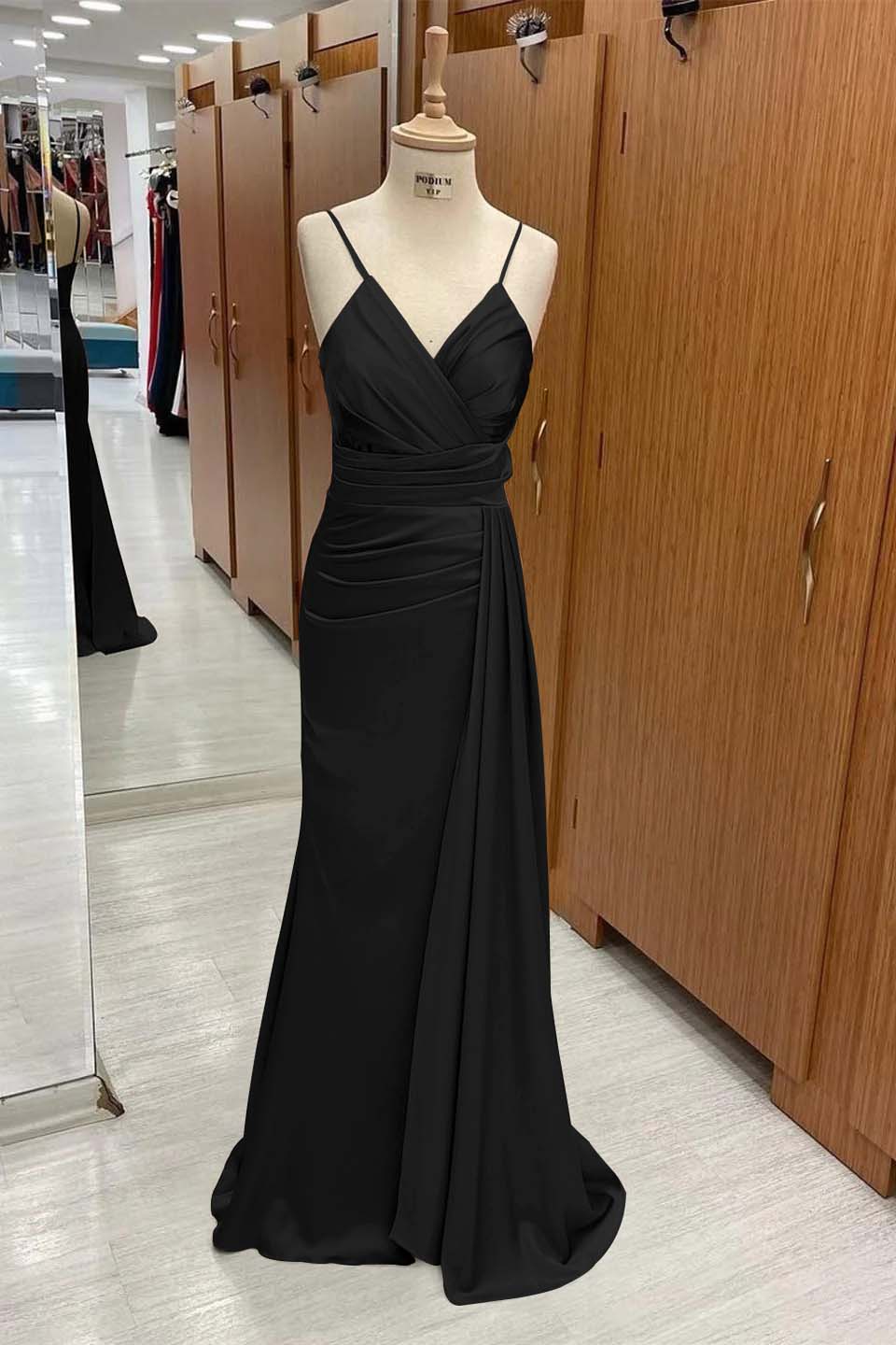 Spaghetti Strap Sleeveless Long Mermaid Prom Dress With Pleated BMBRIDE
