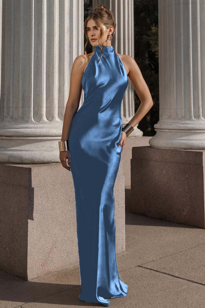 Halter Sleeveless Backless Mermaid Long Prom Dress With Pleated BMBRIDE