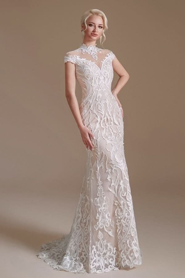 Sleeveless Mermaid Wedding Dress High-neck Lace With Sleeves BM bride