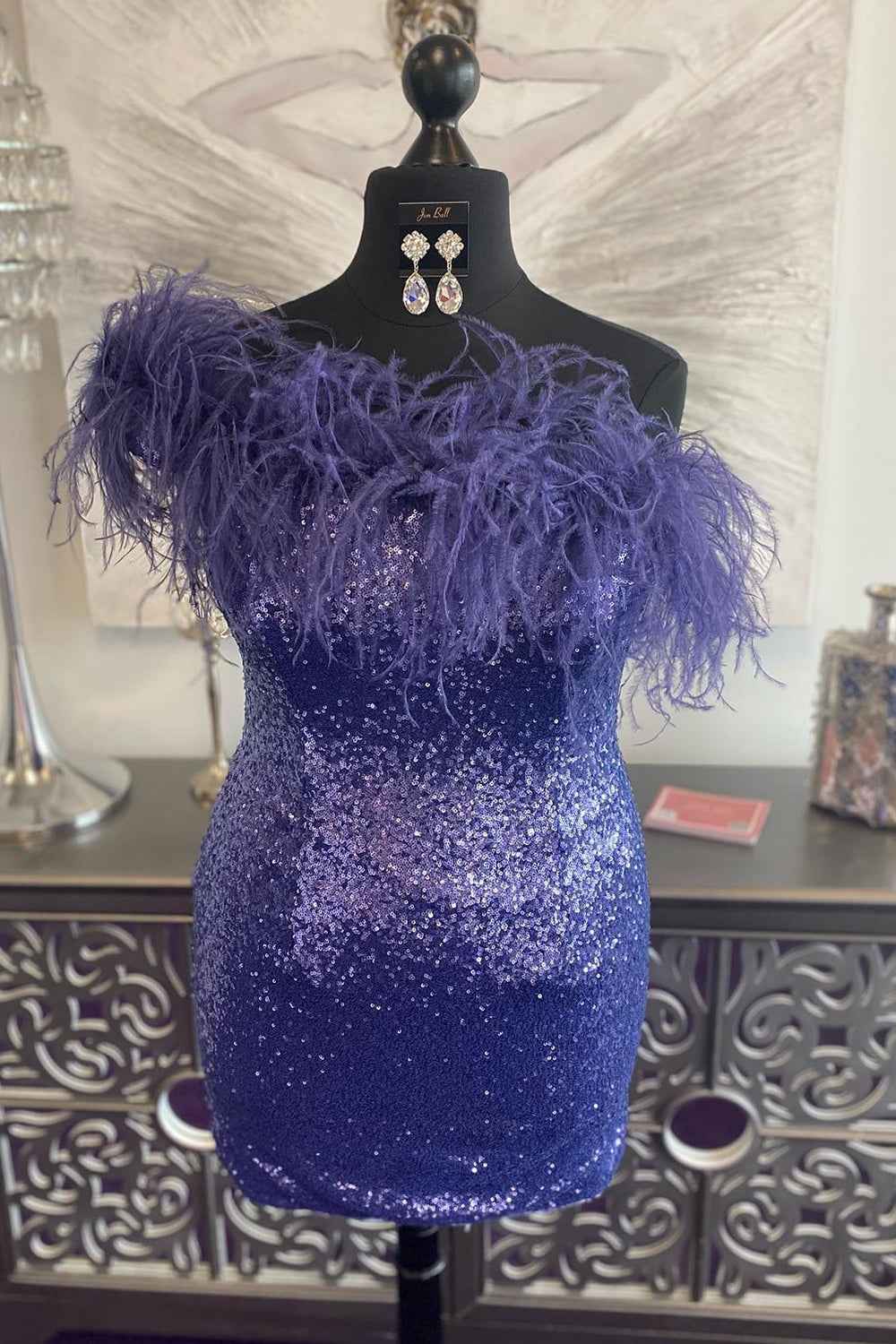 Blue Tight Sequins Homecoming Dress with Feathers Bmbride