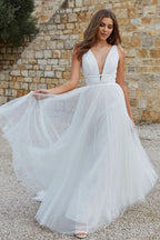 V-Neck Sleeveless Tulle Wedding Dress BM bride