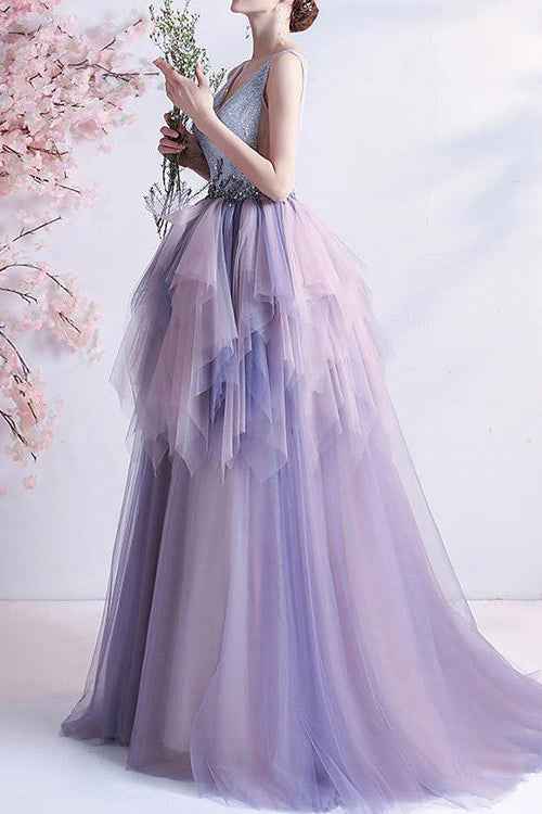 Sleeveless Long Prom Dress V Neck Tulle Layered With Beading Online