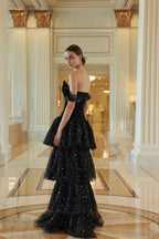 Tulle Off the Shoulder Sleeveless Long Prom Dress With Sequins