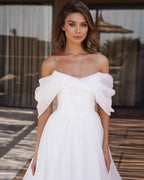 White Off the Shoulder Strapless Sleeveless A Line Prom Dress With High Split