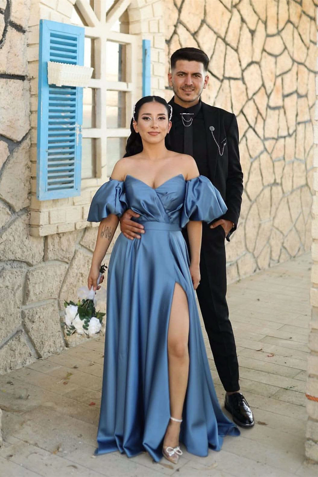 Dusty Blue Sweetheart Off-the-Shoulder Puff Sleeve Evening Dress with Front Split BM bride