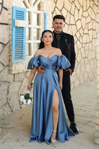 Dusty Blue Sweetheart Off-the-Shoulder Puff Sleeve Evening Dress with Front Split BM bride