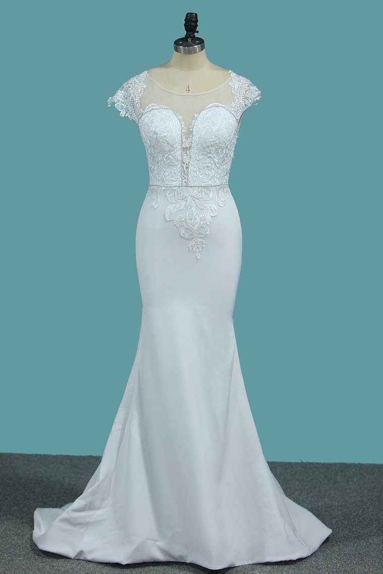 Bateau Neck Beaded Floor-Length Mermaid Wedding Dress with Lace Appliques BM bride