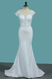 Bateau Neck Beaded Floor-Length Mermaid Wedding Dress with Lace Appliques BM bride