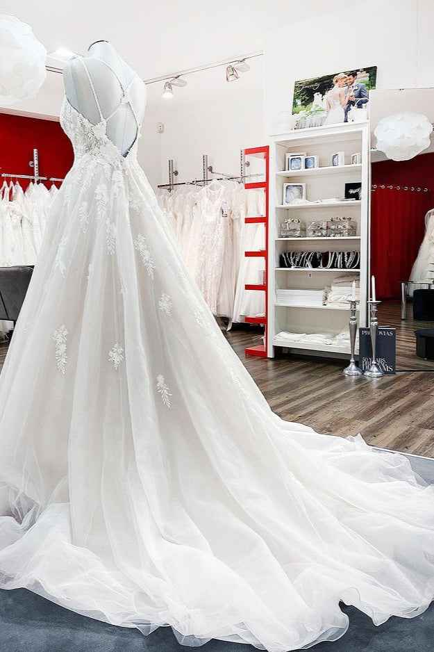 Modest Princess V-Neck Spaghetti Strap Wedding Dress with Ruffles and Lace Tulle BM bride
