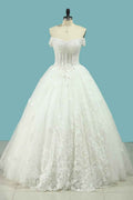 Off-the-Shoulder A-Line Wedding Dress with Lace Appliques and Sequins on Tulle BM bride