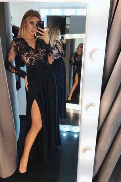 Stunning Black V Neck Long Sleeves A Line Split Prom Dress With Embroidery