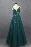 Emerald V Neck Floor Length Prom Dress A Line Sleeveless With Appliques