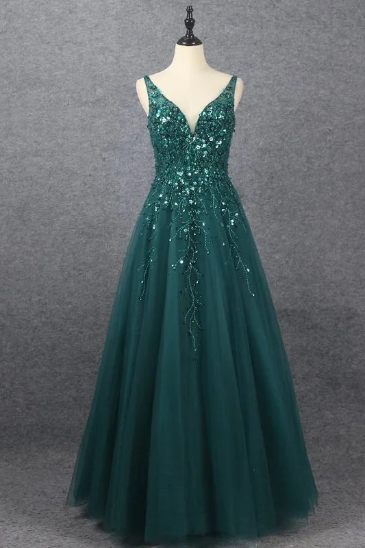 Emerald V Neck Floor Length Prom Dress A Line Sleeveless With Appliques