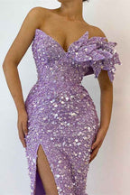Pretty Lilac Sequins Off the Shoulder Mermaid Prom Dress With Split
