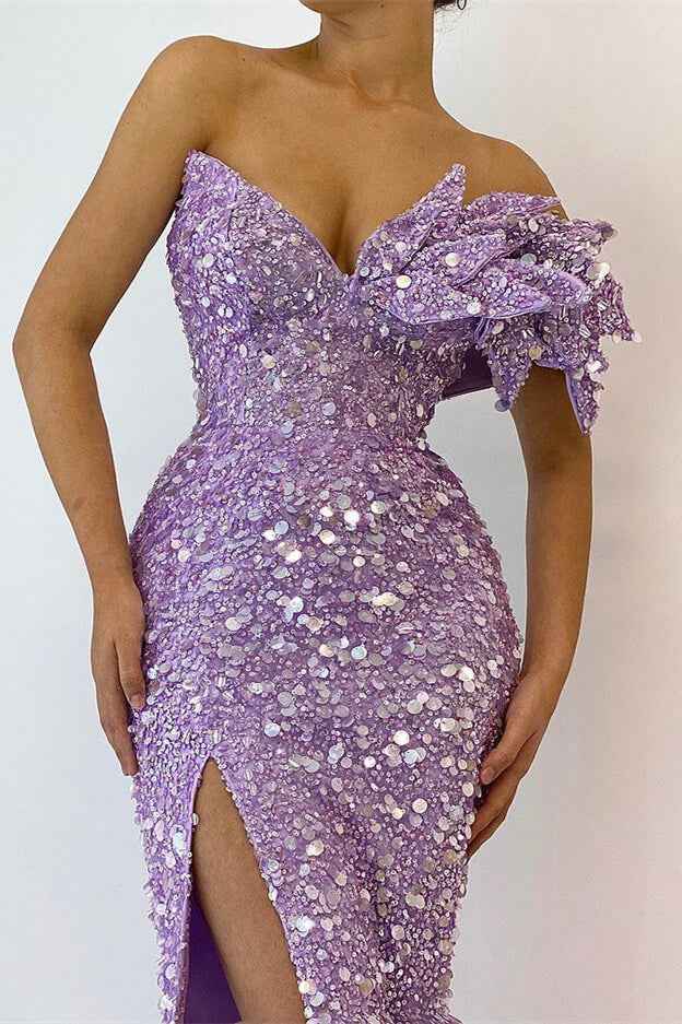 Pretty Lilac Sequins Off the Shoulder Mermaid Prom Dress With Split