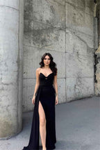 Charming Black Strapless Sleeveless High Waist Pleated Prom Dress With Split
