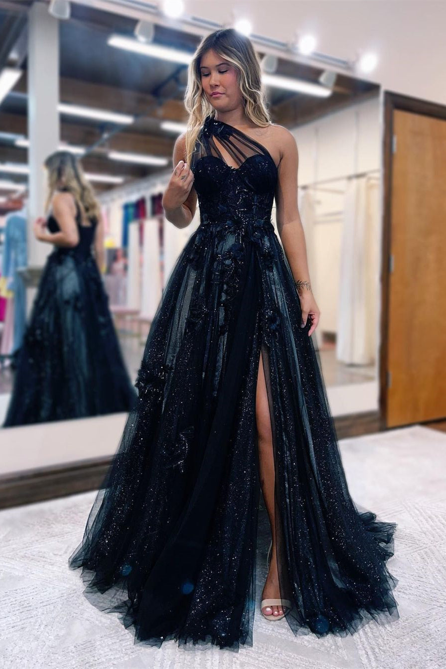 Black One Shoulder A Line Prom Dress Side Split Tulle With Appliques