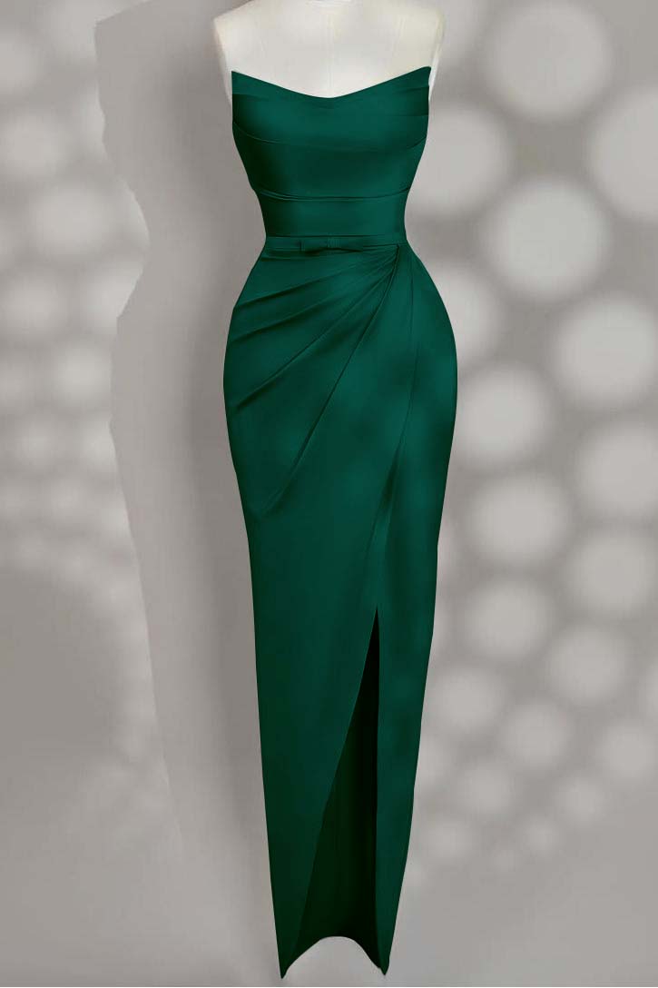 Strapless Sleeveless Long Split Prom Dress With Pleated Bowknot BMBRIDE