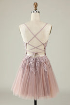 Grey Blue A Line Spaghetti Straps Light Purple Short Homecoming Dress with Appliques
