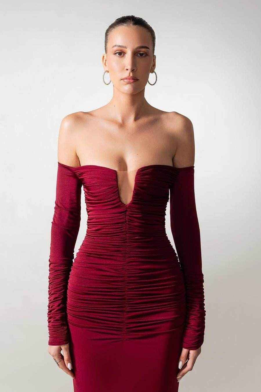 Long Sleeves Strapless Off the Shoulder Long Mermaid Prom Dress With Pleated