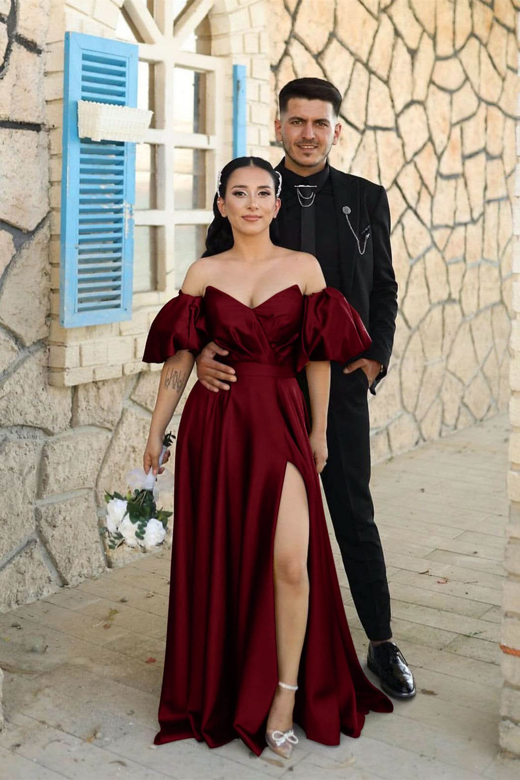 Dusty Blue Sweetheart Off-the-Shoulder Puff Sleeve Evening Dress with Front Split BM bride