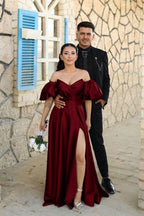 Dusty Blue Sweetheart Off-the-Shoulder Puff Sleeve Evening Dress with Front Split BM bride