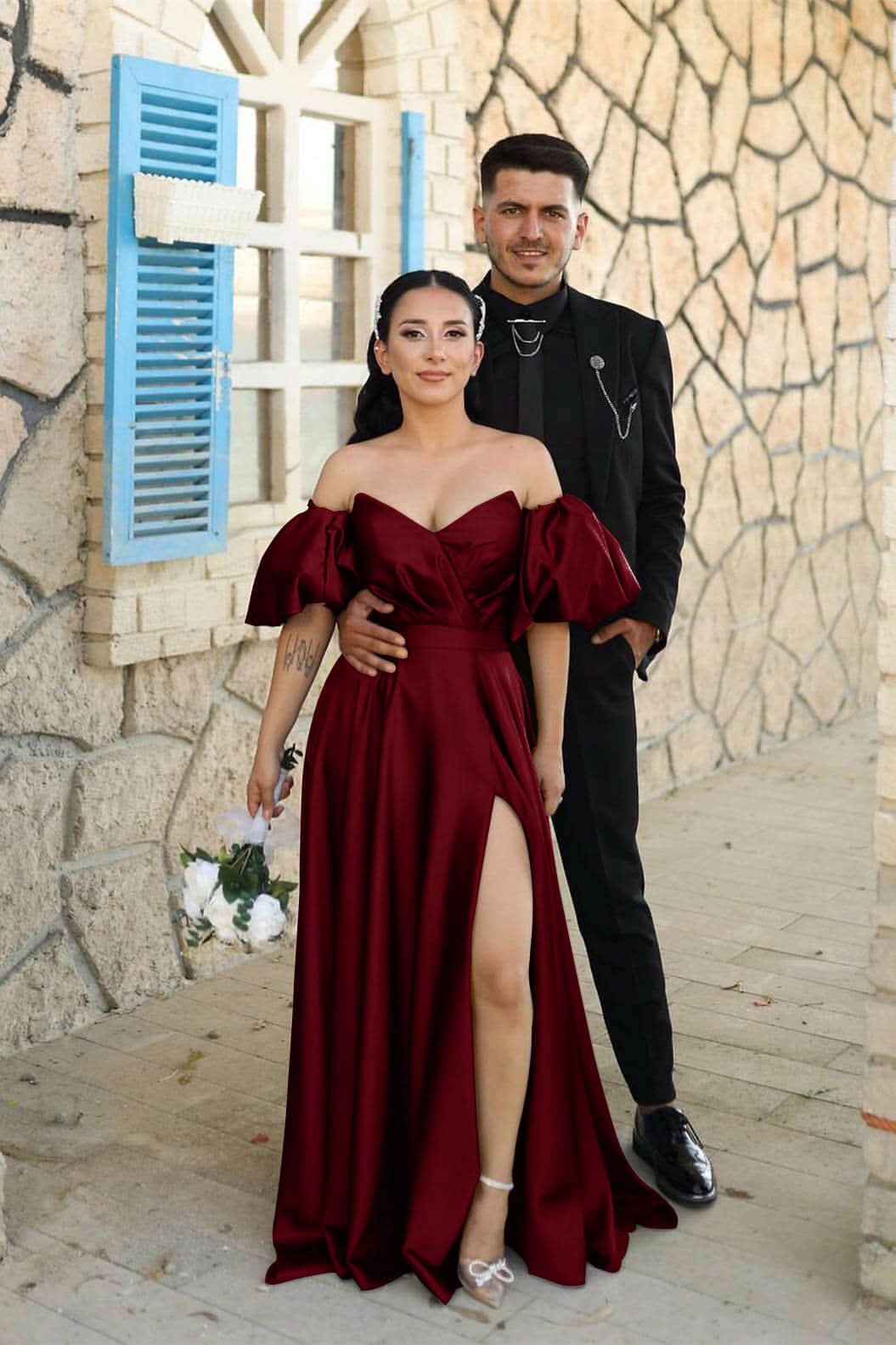 Dusty Blue Sweetheart Off-the-Shoulder Puff Sleeve Evening Dress with Front Split BM bride