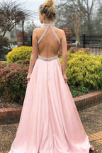 Halter Sleeveless Backless A Line Long Prom Dress Pink Belt With beadings
