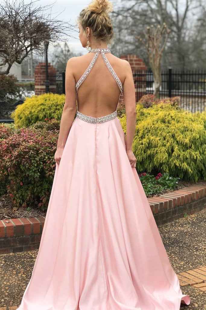 Halter Sleeveless Backless A Line Long Prom Dress Pink Belt With beadings