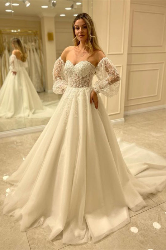 Sweetheart Bubble Sleeve Tulle Wedding Dress with Lace BM bride
