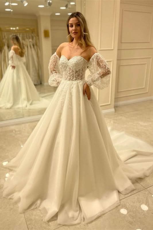 Sweetheart Bubble Sleeve Tulle Wedding Dress with Lace BM bride