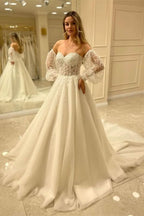 Sweetheart Bubble Sleeve Tulle Wedding Dress with Lace BM bride