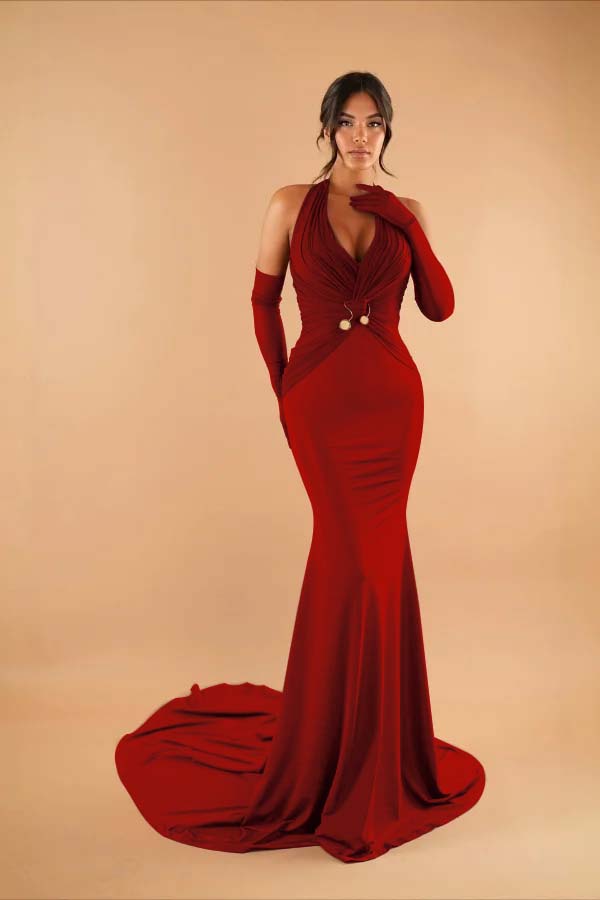 Halter Sleeveless Long Mermaid Prom Dress With Pleated Gloves BMBRIDE