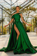 Green Sleeveless Prom Dress One Shoulder Satin With High Split