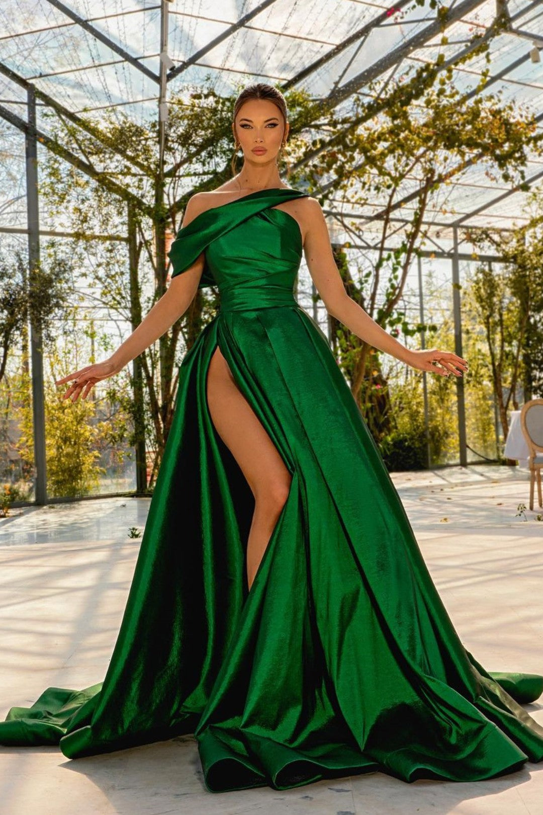 Green Sleeveless Prom Dress One Shoulder Satin With High Split
