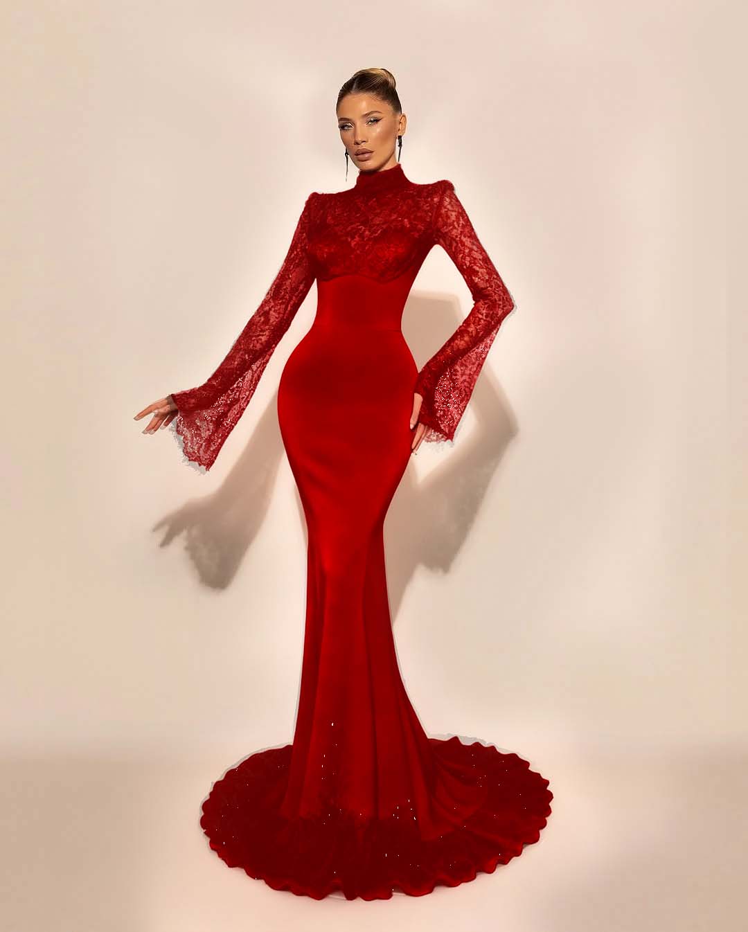 High Neck Lace Long Sleeves Long Mermaid Prom Dress With Pleated BMBRIDE