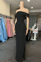 White Off-the-Shoulder Pleated Mermaid Prom Dress with Slit BM bride