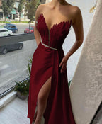 Baby Blue Off-The-Shoulder V-Neck Mermaid Prom Dress with Feathers BM bride