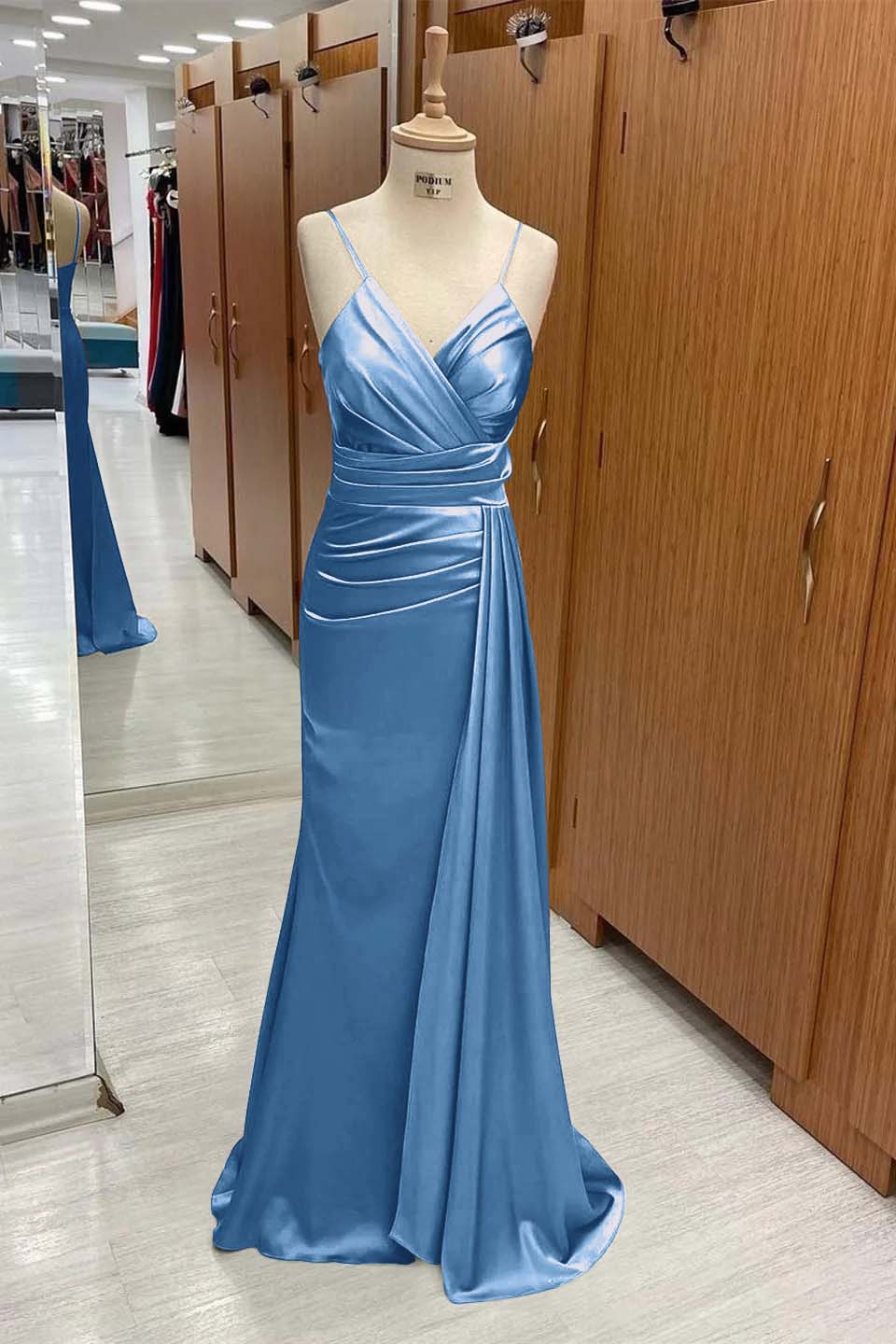 Spaghetti Strap Sleeveless Long Mermaid Prom Dress With Pleated BMBRIDE