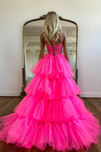 Beautiful Rose Prom Dress with Sleeveless Gown Tulle Train BM bride