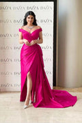 Amazing Fuchsia Off the Shoulder V Neck Split Prom Dress With Pleated